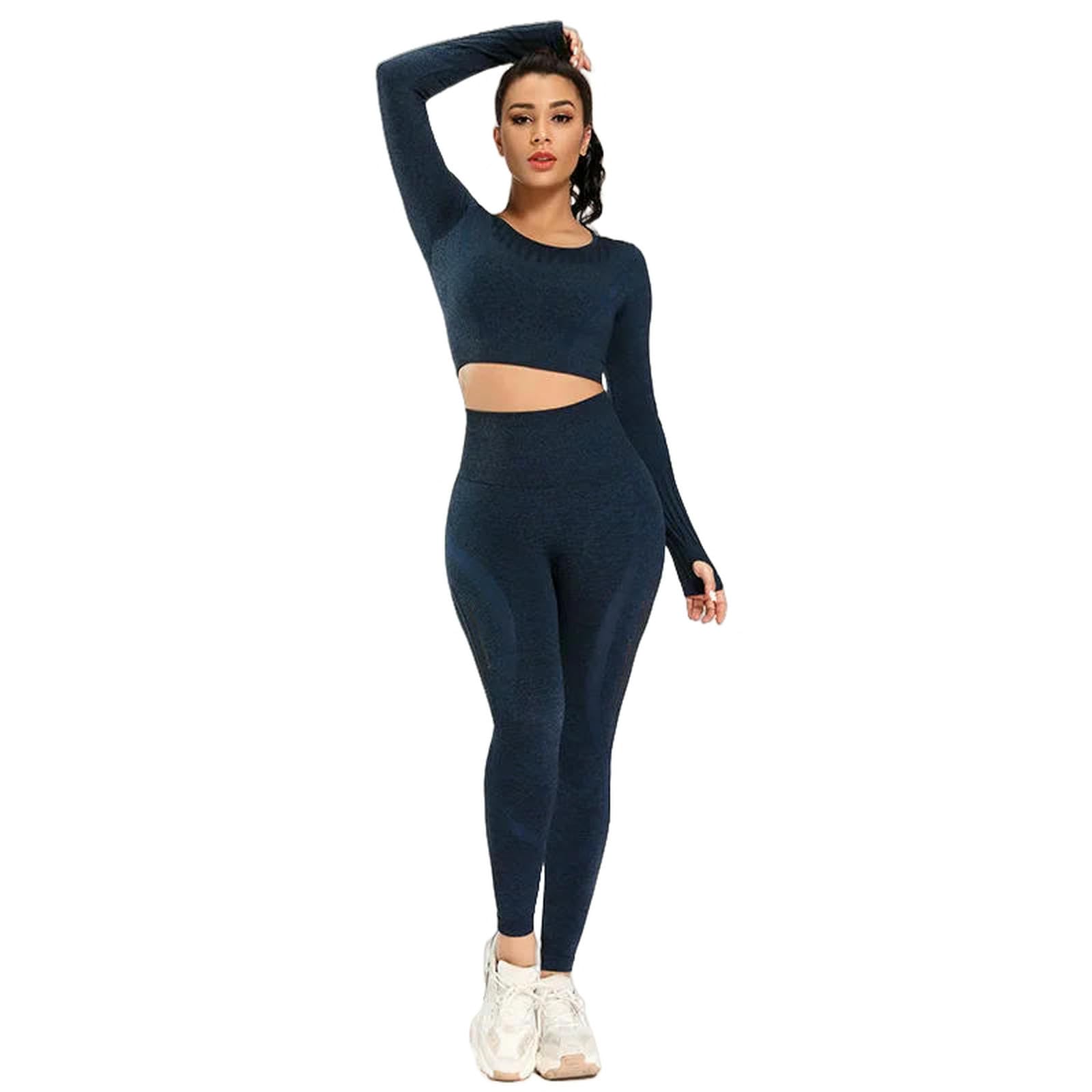 WANGQIQI Damskie legginsy sportowe Joga Garnitur dla kobiet Sport z długim rękawem Bezszwowy top Wysoka talia obcisłe oddychające spodnie Odzież sportowa Fitness-czarny-M