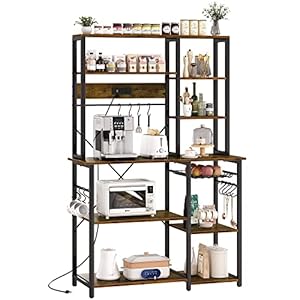SUPERJARE Large Bakers Rack with Power Outlets, 6-Tier Microwave Stand, Coffee Bar with 12 S-Shaped Hooks, Kitchen Shelf with Wire Basket, 39.3 x 15.5 x 66.9 Inches, Rustic Brown