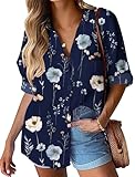 Picture of HOTOUCH Button Down Shirts for Women Collared Linen Dressy Casual Blouses Long Sleeve Cotton Tops Floral Navy Blue L