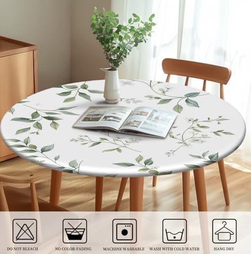 COTAIL Round Tablecloth with Elastic Edge, 36-60Inch Waterproof Table Cloth for Dinner, Outdoor, Picnic, 52inch, Green Leaves by COTAIL - Used condition - Image 4