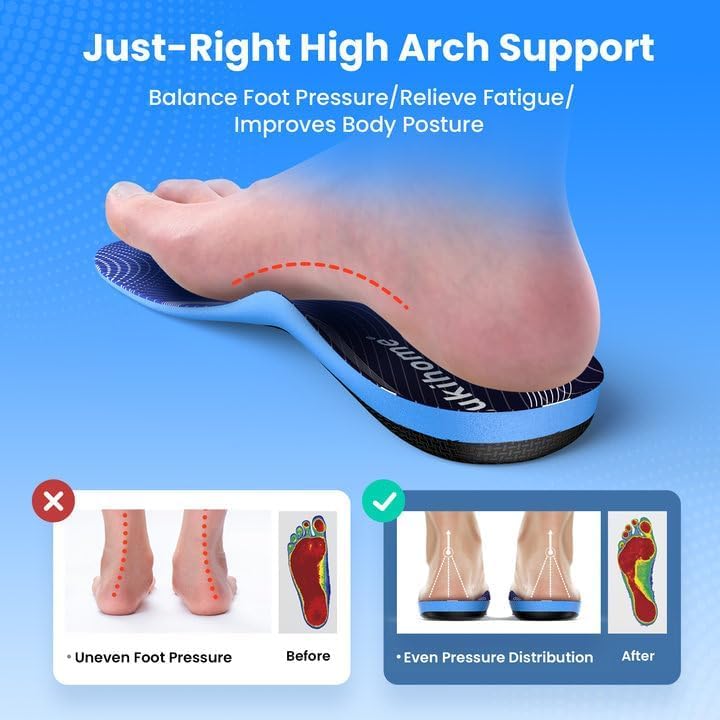 Image of High Arch Support Inserts for Plantar Fasciitis -Bukihome Flat Feet Insoles for Men & Women, 220 lbs Heavy Duty Orthotic Shoe Inserts for Standing, Walking,Working-Size M