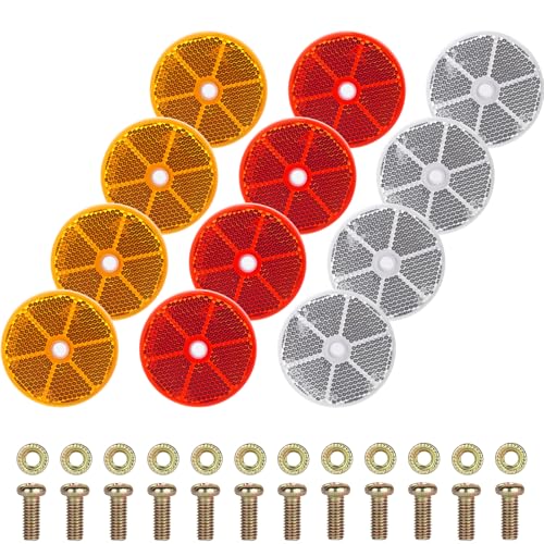 GOWTX Lot de 12 catadioptres ronds en 3 couleurs, diamètre 60 mm, réflecteurs latéraux ronds à visser, pour voiture, camion (orange, blanc, rouge)