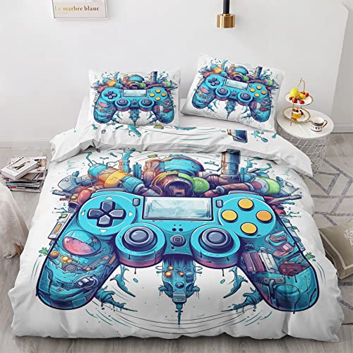 QEODAH Housse de Couette 140x200 Gamer - Parure de Lit 1 Personne Motif Gaming, Ensemble de Literie Imprimée en Microfibre Douce avec Fermeture éclair, 1 taie d'oreiller 65x65 cm