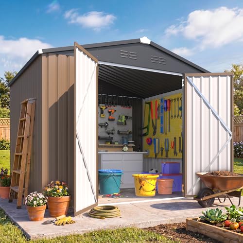 AECOJOY 6' x 8' Outdoor Metal Storage Shed, Heavy Duty Garden Tool Shed with Lockable Double Hinged Door, Small Bike & Lawn Mower Storage Shed for Backyard, Patio - Gray