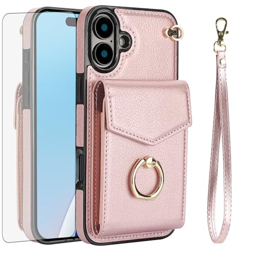 Étui en cuir iPhone 16 idéal pour voyager léger grâce au porte-cartes et anneau antichoc