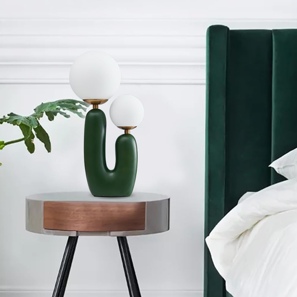 Cute Cactus Table Lamp, Glass Globe Bedside Desk Lamp, Resin Night Light for Bedroom Nightstand (Green Finish)