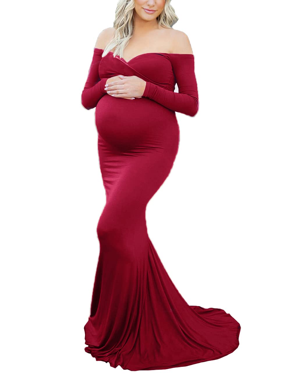 ORQ Maternity Fitted Gown Off Shoulder Sweetheart Long Sleeve Slim Fit Maxi Maternity Dress for Photoshoot