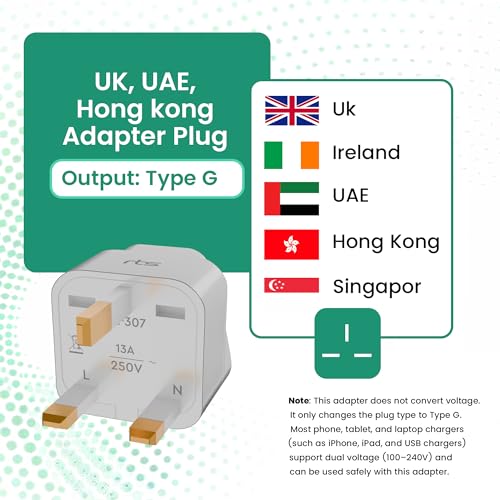 Image of rts (2 Pack) India to England London UK Travel Plug Adapter Converter Type G Compatible with UK, UAE, Dubai, Scotland British Qatar Irish & Hong Kong - Ideal for Laptops, Mobiles, Tablets, Chargers
