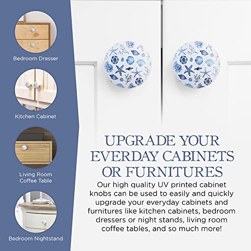 Twisted R Design Wooden Cabinet Knobs - Set of 6 Round Kitchen, Bathroom, or Furniture Cabinet Handles or Pulls w/Glossy Finish - Blue Seashells Drawer Knobs Design - 1.5 x 1.5 Inches - Image 3
