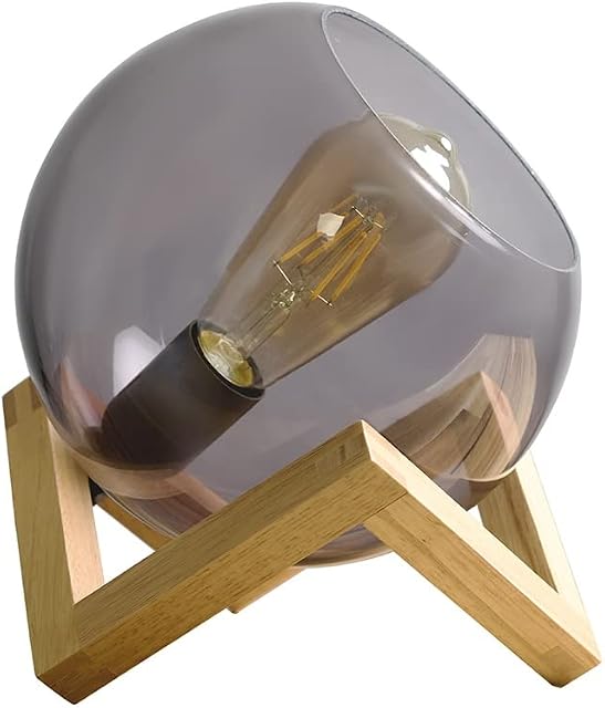 MiniSun Modern Smoked Effect Glass Globe Bedside Table Lamp on a Wooden Frame Base