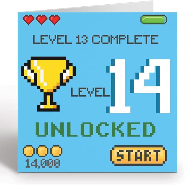 Gamer Birthday Card For 14 Year Old Girl or Boy - Level 14 Unlocked Video Gaming Birthday Card With Blue Envelope - Eco Friendly Card By Giggle Greetings®