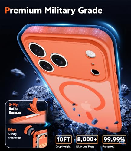 Image of FNTCASE for iPhone 17 Pro-Max Case: Matte Magnetic Phone Cases with Screen Protector Compatible with Magsafe Slim Anti Yellowing Rugged Shockproof Protective Translucent Cell Cover (C-Orange)