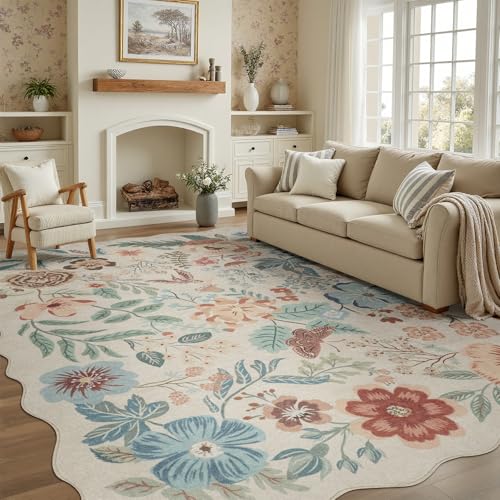 DCX Beige Floral Rug 5x7, Washable Beige Rug for Living Room, Kid & Pet Friendly with Rubber Back Non Slip, Soft Low Pile Carpet, Stain Resistant Rug