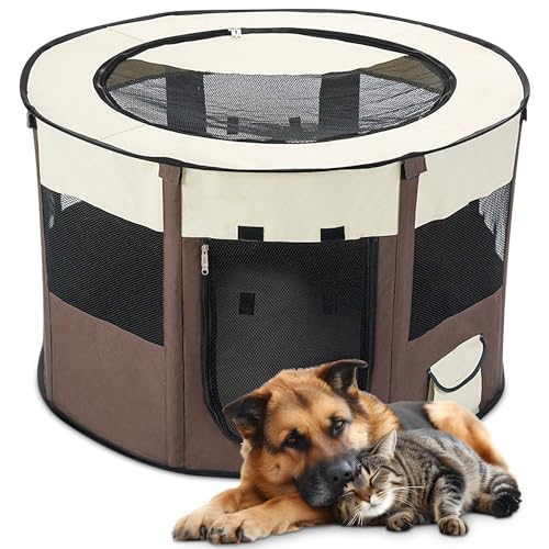 ALLSOPETS Parque para Perros y Gatos Plegable, Marrón, M | Recinto Portátil para Perros, Gatos y Cachorros con Bolsa de Transporte, Uso Interior y Exterior, Ideal para Viajes y Camping