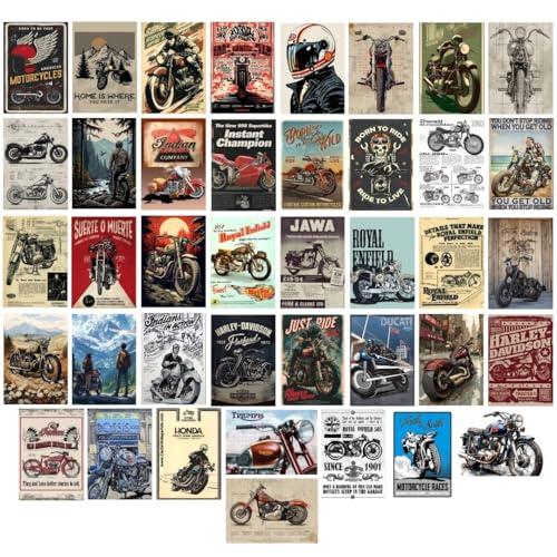 Image of auraposter Paper Motorbike Posters (Set of 40) | Bike Posters Royal Enfield, Jawa, Harley Davidson Vintage Motorbikes | Classic Motorcycle Retro Bikes | Glue Dots Included