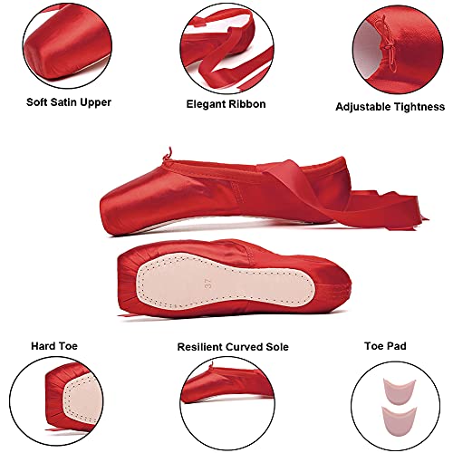 MSMAX Womens Pointe Shoes Ballet Dance Performa Shoe with Silicone Toe Pad Red 10 M US Women