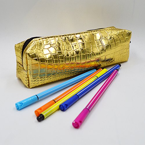 Fashion PU Leather Pencil Pouch Embossed Pencil Case Holographic Pencil Holder Zipper Makeup Bag Gold3