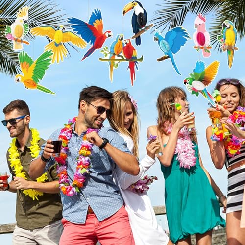 Image of GuassLee 10pcs Jungle Tropical Party Decorations Birds Honeycombs - Tropical Parrots Paper Cutouts Honeycombs Hanging Decorations for Hawaiian Luau Tiki Party Decor Supplies