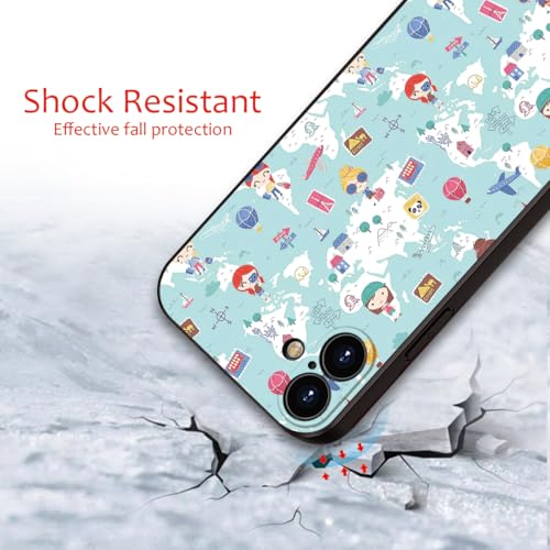 Cute Cartoon World Map Phone Case for iPhone 16 - Soft & Shockproof Travel Style for Girls & Women (B1-Cartoon Cute Girly)