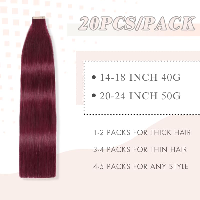 Image of Wine Red 99J 24 Inch Tape in Hair Extensions Human Hair Burgundy Tape in Human Hair Invisible Double Sided Seamless Skin Weft Hair (#A99J,24 Inch)