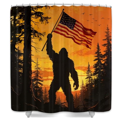 Grtuspr Vintage Bigfoot American Flag Shower Curtain, Funny Patriotic Bigfoot Shower Curtain Sunset Forest American Flag Sasquatch Silhouette,Waterproof Polyester Bathroom Curtain 72X72 inchs by Grtuspr - Used condition - Image 6