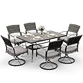 Pamapic 7 Piece Patio Dining Set for 6,Outdoor Wicker Furniture Set for Backyard Garden Deck Poolside with 6 Cushions Swivel Rocker Chairs,Iron Slats Table Top, Removable Cushions(Gray)