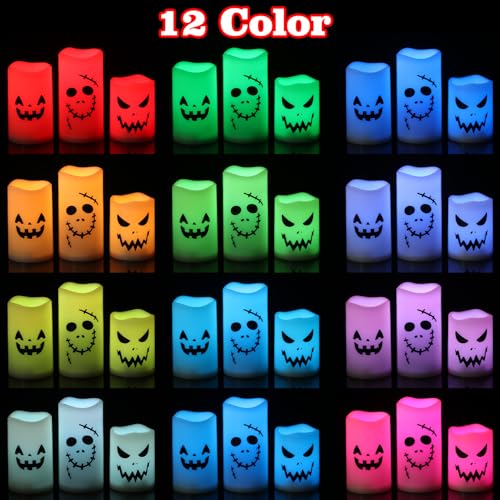 Image of Halloween Decorations Flameless Candles with Remote Timer, Battery Operated LED 12 Color Changing Candles Flickering Set of 3, Waterproof LED Pillar Candles Plastic for Halloween Decor