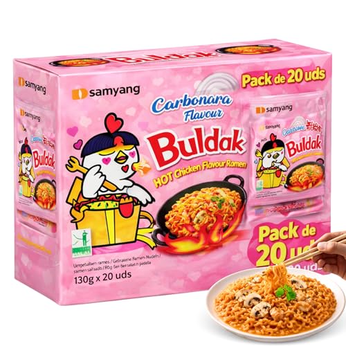 Ramen con fideos salteados con pollo picante Samyang Buldak, Hot Chicken Ramen Carbonara, Hot chicken ramen instantáneo muy rico y picante, Sabor a carbonara, Pack 20 paquetes de 130g cada uno
