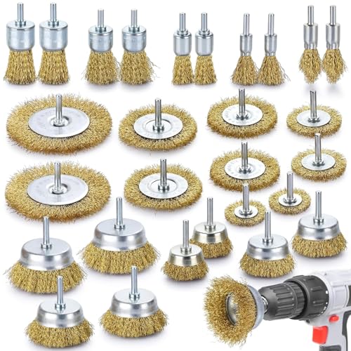 Image of Brass Wire Brush for Drill Rust Removal, Wire Wheel for Drill, Cup Brush and End Brush Set, Wire Brush Drills Attachments, 1 /4 inch Drill Shank, Carbon Steel Bristles (Brass Wire Brush, 28)