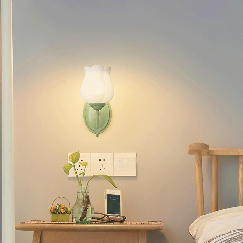 Modern Tulip Wall Sconce Lighting Green Double Floral Design with Glass Shade 2 Light Bathroom Wall Sconce Flower Wall Mounted Double Lamp for Bedroom, Living Room, Hallway(Tulip,1 Light)
