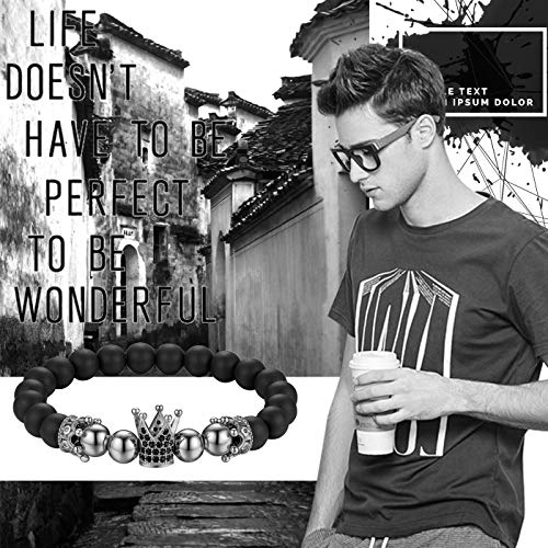 Flongo Energiearmband Kugelkette Lava Mala Herren Armband Damen Armreif Stein Kugel Perlen Armkette mit Krone Schwarz für Männer Frauen