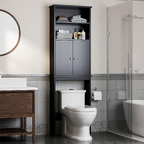 Shintenchi Over The Toilet Storage Cabinet, Bathroom Above The Toilet Rack, Bathroom Adjustable Shelf Organizer with Open Bottom Bar and Anti-Tip Device, Black