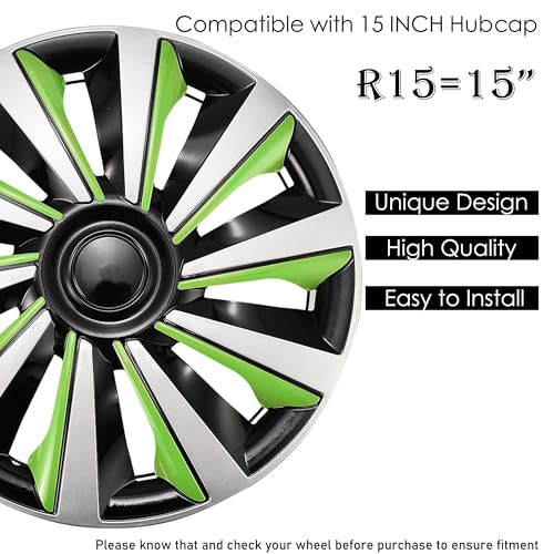 Image of Silver with Green Hubcap Wheel Cover Replacement Kit 15 inch Hub Caps Wheel Rim Cover Car Exterior Accessories Pack of 4, 15 Inches