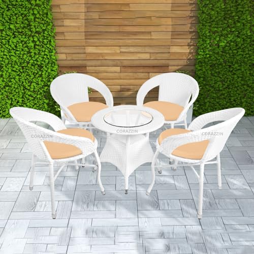Image of Rattan Wicker Garden Patio Seating Chair and Table Set for Outdoor Balcony Garden Coffee Table Set Furniture with 1 Table and 4 Chairs with Cream Cushion (White)
