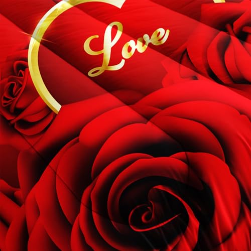 Image of AILONEN Red Rose Comforter Set Queen Size,Romantic Hearts Couple Love Bedding Set,3D Rose Floral Bedding Queen Comforter Set Glitter Bed in a Bag 3 Pieces, 1 Quilt and 2 Pillowcases