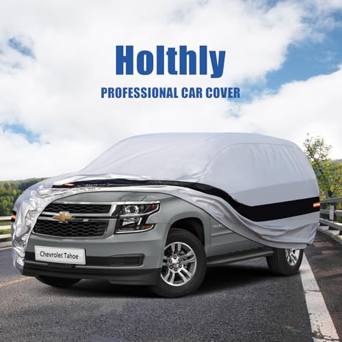 Image of Holhtly Car Cover Custom Fit for Chevrolet Tahoe, Car Covers for Automobiles All Weather Waterproof Sun Snow Rain Wind Dust Protection, Outdoor Car Cover Gray & Black