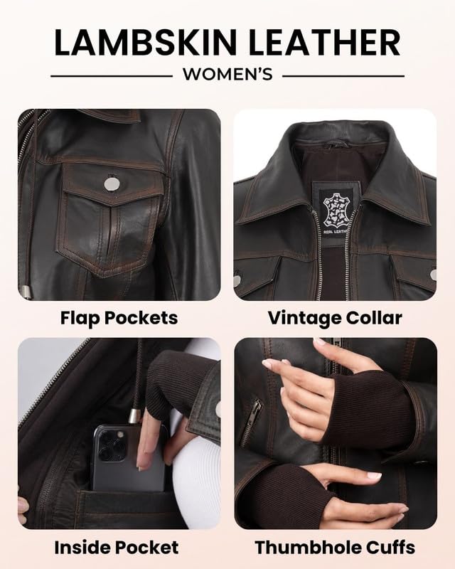 Image of Womens Leather Jacket with Detachable Hood - Real Lambskin Bomber Jacket Thumbholes Women