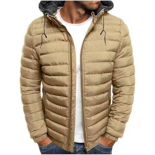 Muscularfit Men's Puffer Jackets with Hood Lightweight Full Zip Coats Winter Warm Padded Jacket Quilted Down Jacket Pockets Mens Jackets Casual Stylish Khaki 3X