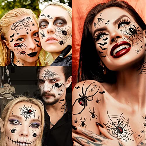 Image of VANTATY 9 Sheets Halloween Spider Web Face Tattoo Stickers, Bat Half Arm Temporary Tattoo Sleeve For Women Men Adults Kids, Scary Spiderweb Witch Makeup for Halloween Face Tattoo, Fake Chucky Zombie Makeup Kit