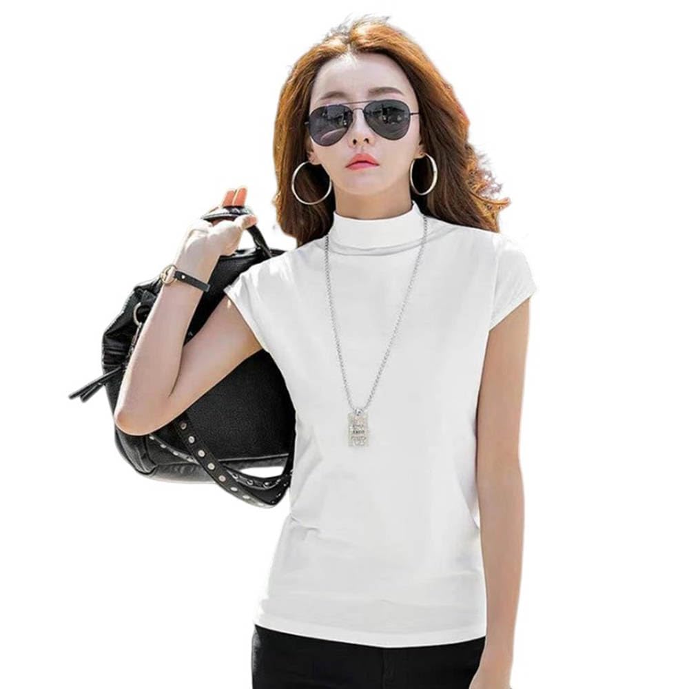 [Kaolee] 2枚セット！レディース 半袖Tシャツ カットソー ハイネック 半袖 カットソー ノースリーブ 袖なし タートルネック フレンチスリーブ 薄手 ストレッチ ハイネックTシャツ 無地 トップス プルオーバー 大人 春夏