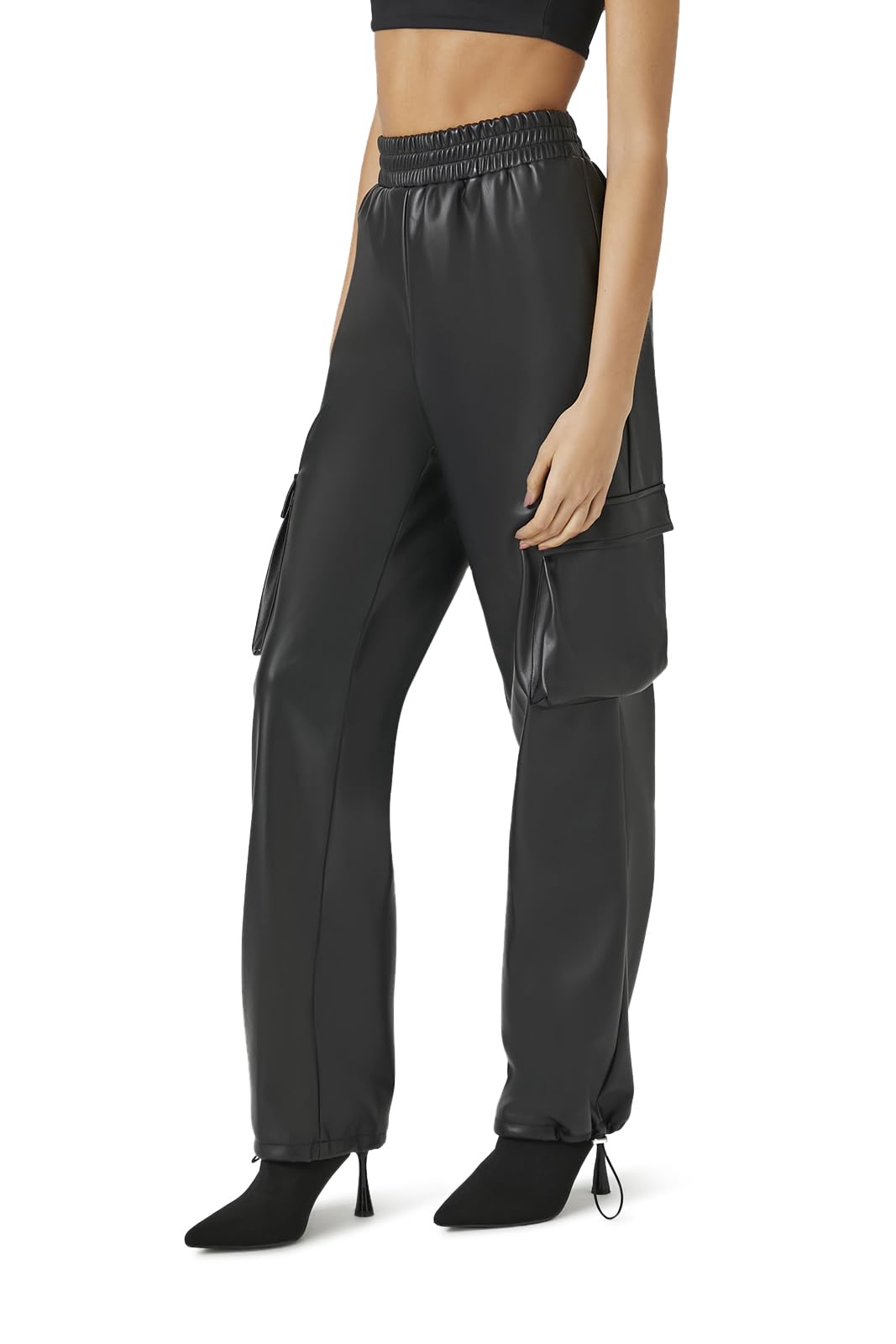 Forever 21 Faux Leather Cargo Pants Pantalon décontracté, Noir, M Femmes