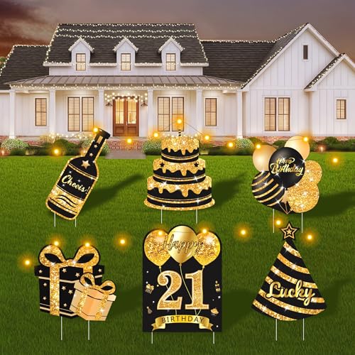 Happy Birthday Yard Sign with Stakes, 6 Pcs Gold Happy Birthday Sign with LED Lights and Double-Sided Tape, Personalized Age Happy Birthday Decorations, Ideal for Outdoor and Indoor Birthday Parties