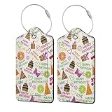Etiquetas para equipaje con texto en inglés 'Feliz cumpleaños, pastel, fruta y regalo', de cuero, con nombre de privacidad, tarjeta de identificación, lazo de acero inoxidable 1