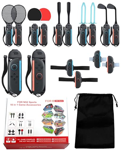 Switch 2 accessori sportivi, 16 in 1 Pacchetto di accessori per giochi per JoyCon 2 con racchette da tennis, mazze da golf, pagaie da ping pong, mazze da baseball, spade, cinghie da polso e gambe e