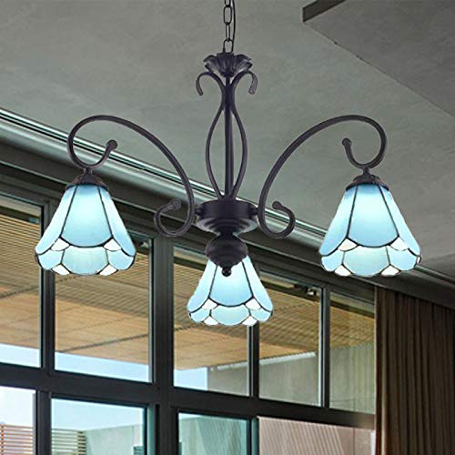 Xindar Blue Chandelier, Tiffany Cone Pendant Chandelier 8 Lights Blue Glass Ceiling Suspension Lamp In Black For Living Room (3 Light) #TOP1