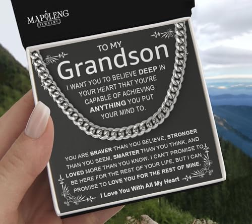 To My Grandson Cuban Chain Necklace, Cuban Link Men Chain Gifts For Grandson, Stainless Steel Chain Birthday Christmas Jewelry Gifts For Grandson With Message Card And Box3