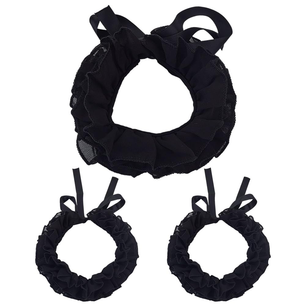 HOBBIESAY 1 Set Ruffled Collar Cuffs Set Layered Lace Jabot Collar Detachable Collars Victorian Cuffs Sets Chiffon Costume Accessories Black for Women Halloween Party Cosplay Supplies - Image 4