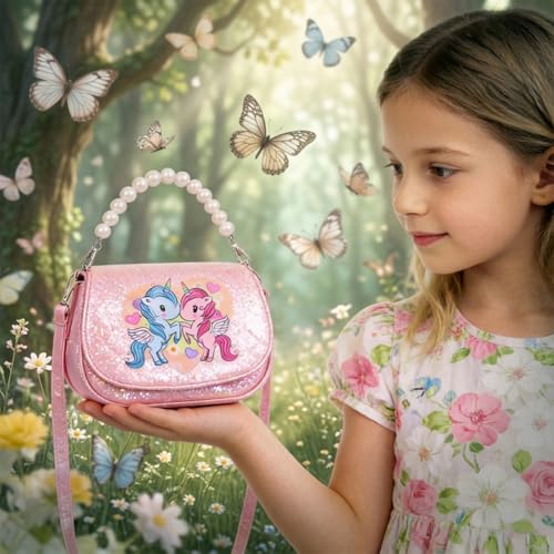 Image of PATPAT Unicorn Sling Bag for Girls, Women & Kids - Pink, Animal Print, Zipper Closure, Beaded Chain & Shoulder Straps, Compact Size (19x9x14 cm), Birthday Gift