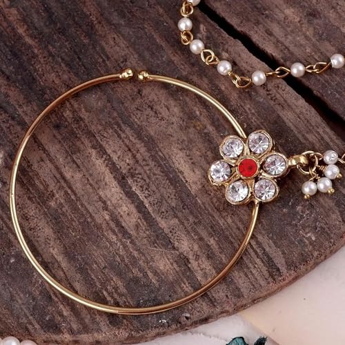 Image of Suhana Gold Plated Traditional Ethnic Bridal Nose Ring /Nath without piercing with Pearl Chain Encased with Stone for Women /Girls (Nose Ring Diameter - 5) (Red)