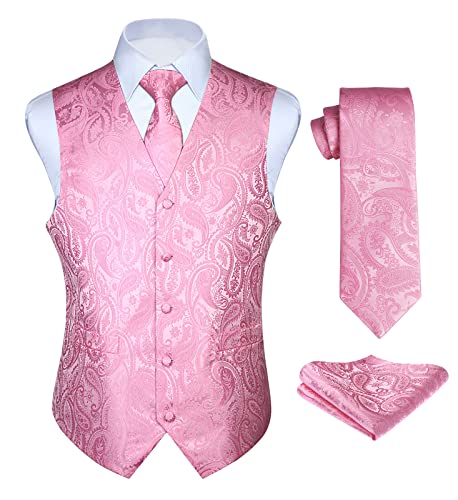 Image of HISDERN Vest and Tie Sets for Men Vests Paisley Floral Jacquard Necktie Pocket Square 3PCS Waistcoat for Suit or Tuxedo